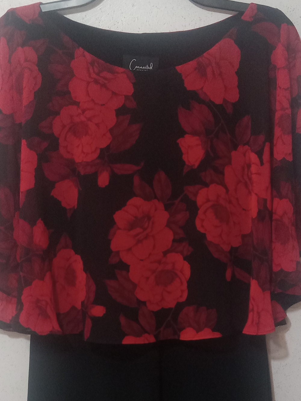 connected apparel Black Blouse with Red Floral Overlay